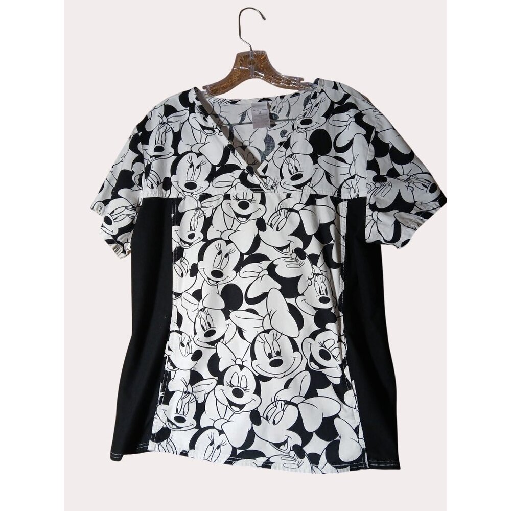 Disney Tooniforms Minnie Mouse Scrub Top Black White V Neck Side Panels XL - Picture 2 of 12